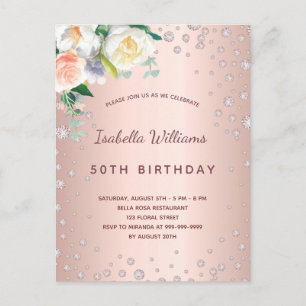 Birthday roos gouddiamanten roze floralen briefkaart