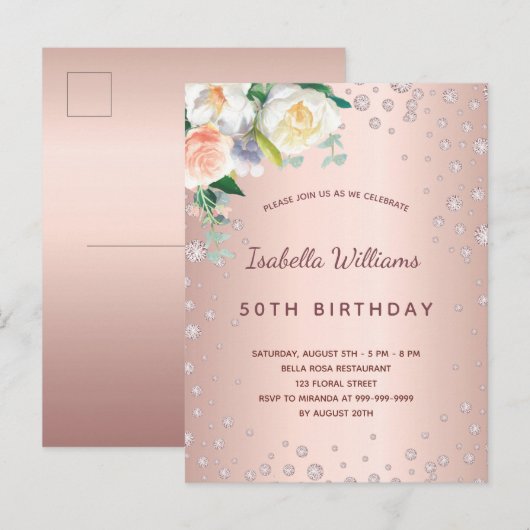 Birthday roos gouddiamanten roze floralen briefkaart (Voorkant / Achterkant)