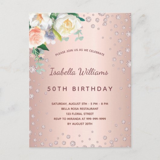 Birthday roos gouddiamanten roze floralen briefkaart (Voorkant)