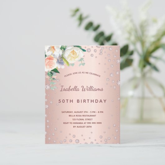 Birthday roos gouddiamanten roze floralen briefkaart (Staand voorkant)