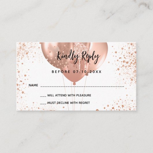 Birthday roos gouden ballonnen RSVP Informatiekaartje (Voorkant)