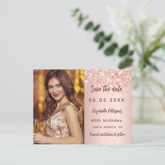 Birthday roos gouden blauwe foto, behalve datum aankondigingskaart (Staand voorkant)