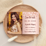 Birthday roos gouden blauwe foto, behalve datum save the date<br><div class="desc">Voeg een verticale groottefoto toe. Een elegant roos goud,  een wazige achtergrondkleur,  versierd met faux glitter,  sparkles. Pas een naam en de details aan en voeg deze toe.</div>