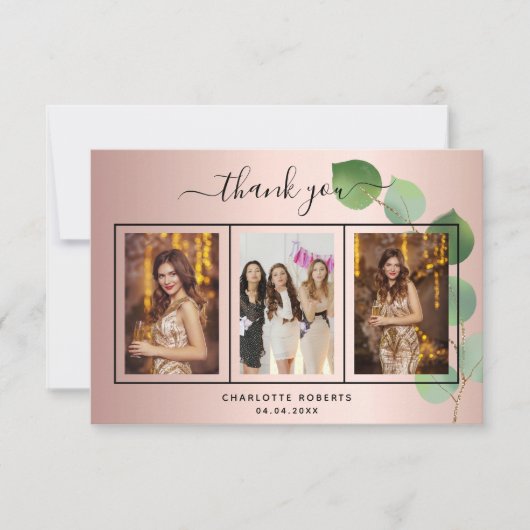 Birthday roos gouden eucalyptus foto bedankt! bedankkaart (Voorkant)