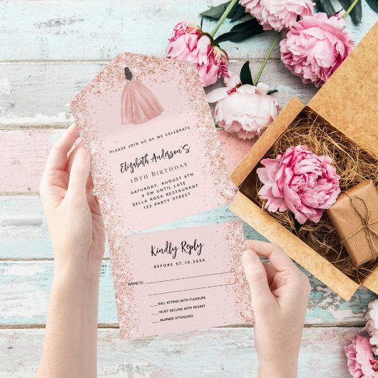 Birthday roos gouden jurk RSVP All In One Uitnodiging