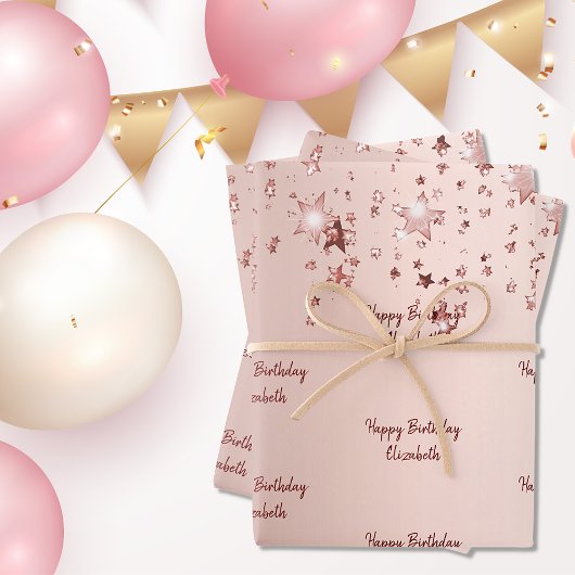 Birthday roos gouden sterren roze spartelmonogram inpakpapier vel