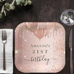 Birthday roos gouden zwarte glitter ballonnen naam papieren bordje<br><div class="desc">Voor een elegante 21ste (of om het even welke leeftijd) verjaardagsfeestje. Een gouden achtergrond van het roos. Gedecorreerd met roos goud,  roze faux glitterdruppels,  verfdruppelend uiterlijk,  glitterstof en ballonnen. Geef de naam en de leeftijd van 21 jaar een persoonlijk tintje en voeg deze toe.</div>