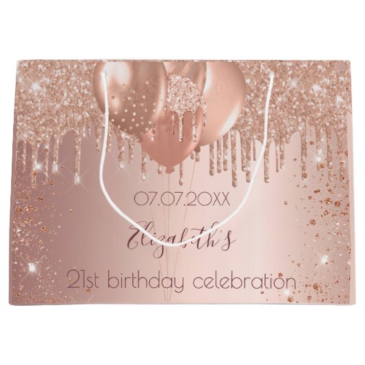 Birthday roos gouden zwarte glitterballonnen groot cadeauzakje (Voorkant)