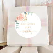 Birthday roos goudflorale eucalyptusgroen ronde sticker