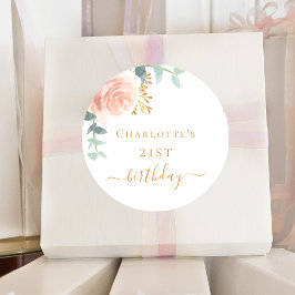 Birthday roos goudflorale eucalyptusgroen ronde sticker