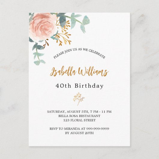 Birthday roos goudflorale eucalyptusgroen uitnodiging briefkaart (Voorkant)