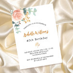 Birthday roos goudflorale eucalyptusgroen uitnodiging briefkaart<br><div class="desc">Een elegante uitnodiging voor een 40e (of om het even welke leeftijd) verjaardagsfeestje. Een witte achtergrond. Gedecorreerd met een roos goud en een wazige roze waterkleurige roos bloem, groene eucalyptusbladeren, sprigs, groen en een faux goudbolg. Personaliseer en de naam en partijdetails. Zwarte en gouden letters. De naam wordt geschreven met...</div>