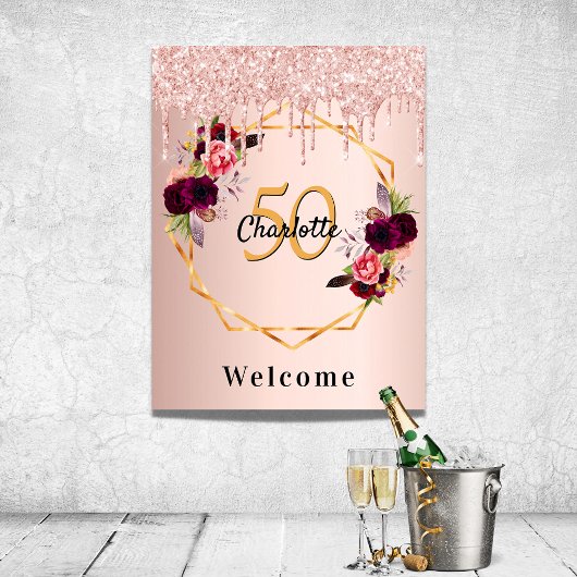 Birthday roos goudflorals glitter geo welkom poster