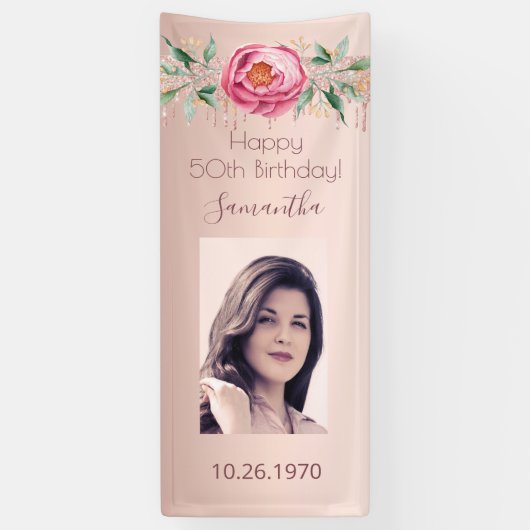 Birthday roos goudfoto glitter floral spandoek (Verticaal)