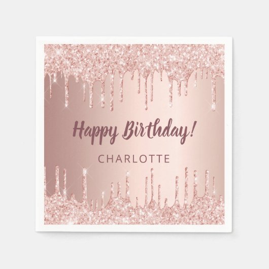 Birthday roos goudglitter drift naam servet (Voorkant)