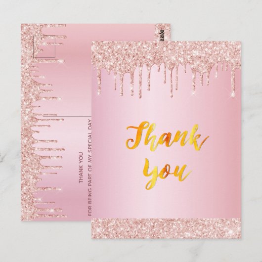 Birthday roos goudglitter drip Dank je wel Briefkaart (Voorkant / Achterkant)