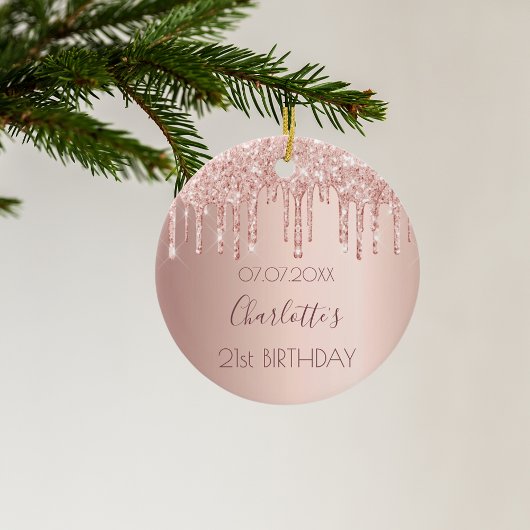 Birthday roos goudglitter druppelt roze 21 kroon keramisch ornament