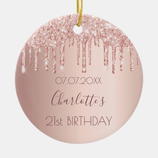 Birthday roos goudglitter druppelt roze 21 kroon keramisch ornament (Voorkant)