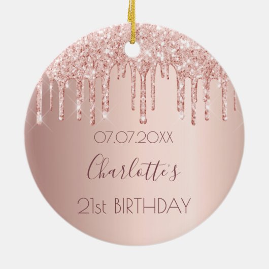 Birthday roos goudglitter druppelt roze 21 kroon keramisch ornament (Achterkant)