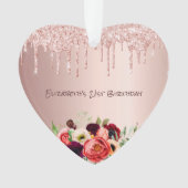 Birthday roos goudglitter druppelt roze bloemen af ornament (voorkant)