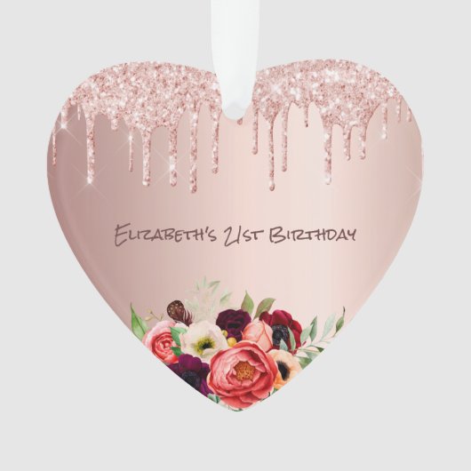 Birthday roos goudglitter druppelt roze bloemen af ornament (voorkant)