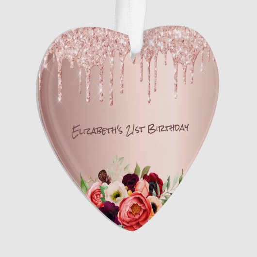 Birthday roos goudglitter druppelt roze bloemen af ornament (voorkant)