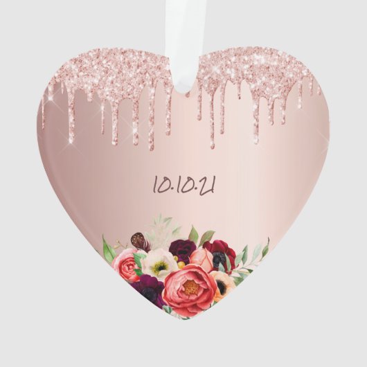 Birthday roos goudglitter druppelt roze bloemen af ornament (achterkant)