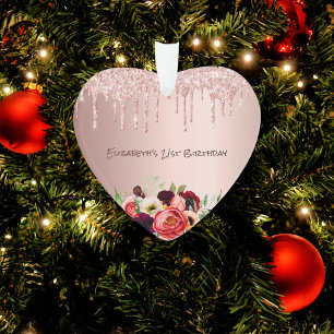 Birthday roos goudglitter druppelt roze bloemen af ornament