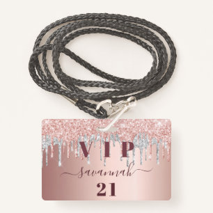 Birthday roos goudglitter druppelt roze zilvervip  badge