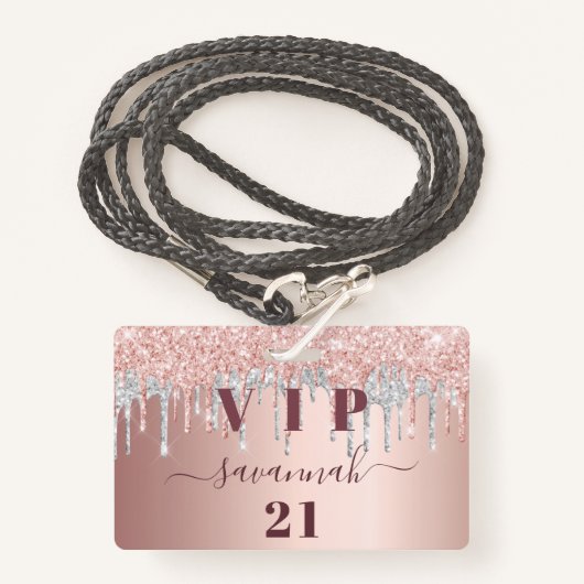 Birthday roos goudglitter druppelt roze zilvervip  badge (Voorkant met draagriem)