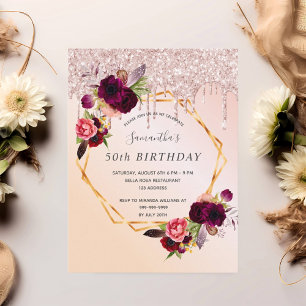 Birthday roos goudglitter florale uitnodiging