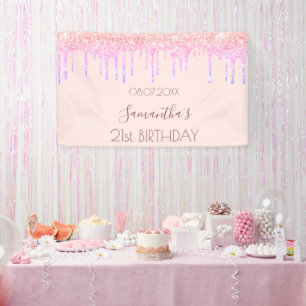 Birthday roos goudglitter regenboogroze spandoek