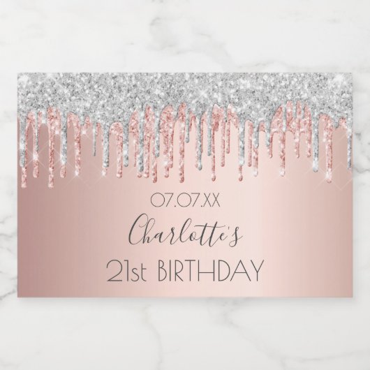 Birthday roos goudglitter roze spargel zilver sparkling wijnetiket (Enkel label)