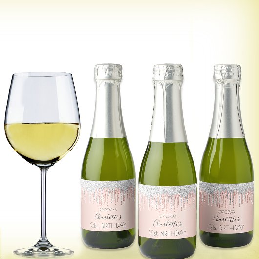 Birthday roos goudglitter roze spargel zilver sparkling wijnetiket