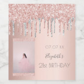 Birthday roos goudglitter zilverfoto wijn etiket (Enkel label)