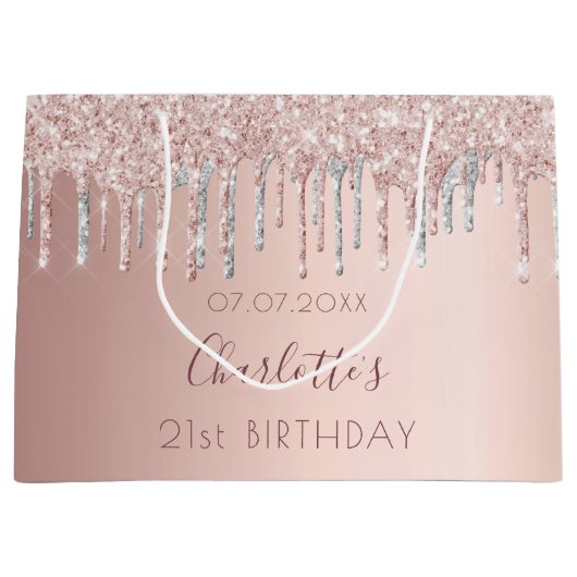 Birthday roos goudglitter zilverroze monogram groot cadeauzakje (Voorkant)