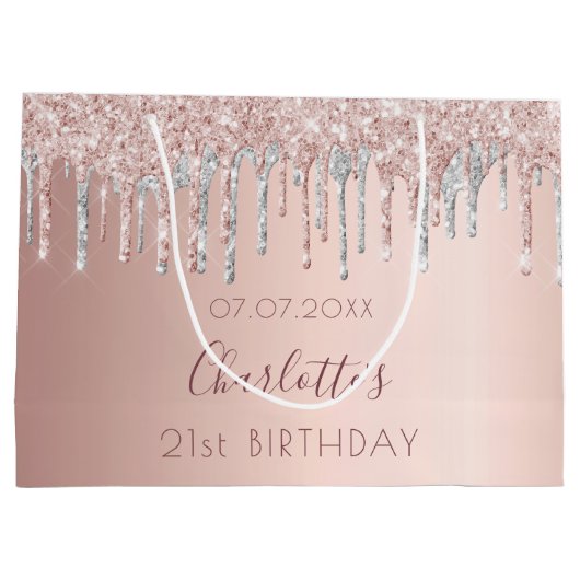 Birthday roos goudglitter zilverroze monogram groot cadeauzakje (Achterkant)