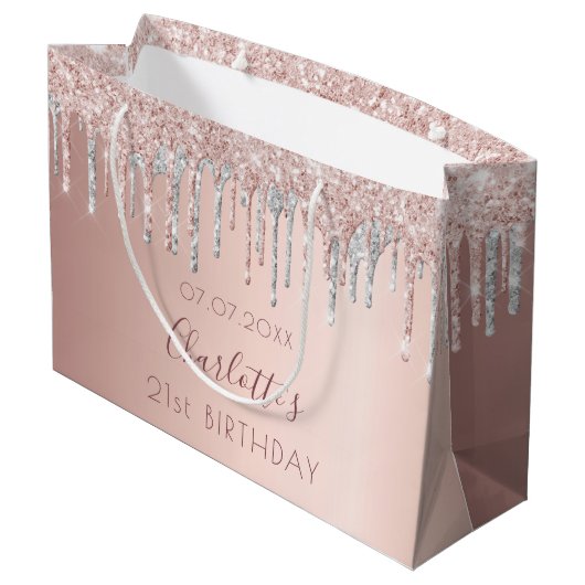 Birthday roos goudglitter zilverroze monogram groot cadeauzakje (Achterkant Gekanteld)