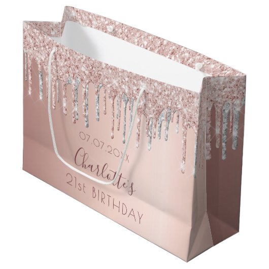 Birthday roos goudglitter zilverroze monogram groot cadeauzakje (Voorkant Gekanteld)