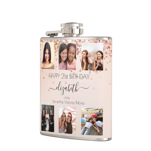 Birthday roos goudkleurige foto's collage vrienden heupfles (Links)