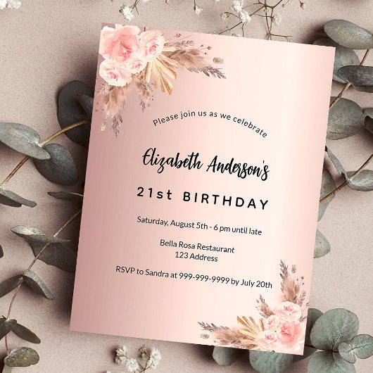 Birthday roos goudpamapgras florale boho uitnodiging briefkaart