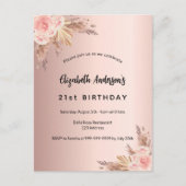 Birthday roos goudpamapgras florale boho uitnodiging briefkaart (Voorkant)