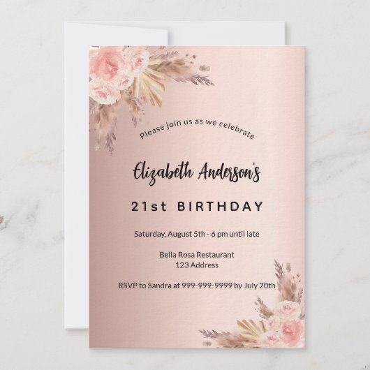 Birthday roos goudpampas grasbloemluxe kaart (Voorkant)