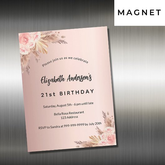 Birthday roos goudpampas grasbloemluxe magnetische uitnodiging