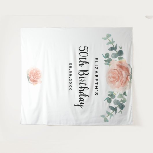 Birthday roos goudroze florale eucalyptus wit wandkleed (Voorkant (horizontaal))