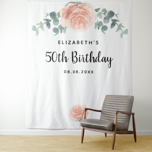 Birthday roos goudroze florale eucalyptus wit wandkleed (In situ)