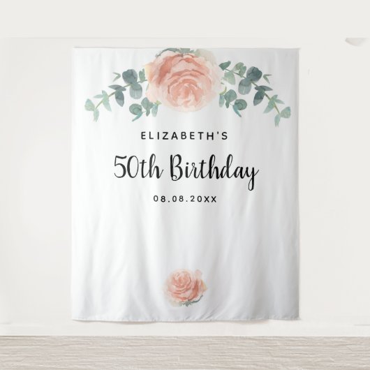 Birthday roos goudroze florale eucalyptus wit wandkleed (Voorkant)