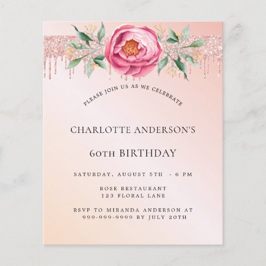 Birthday roos goudroze floralen flyer (Voorkant)