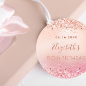 Birthday roos goudroze glitter stof monogram naam ronde sticker