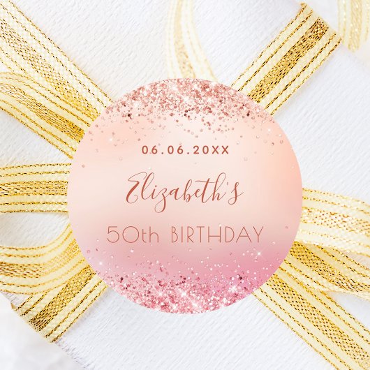 Birthday roos goudroze glitter stof monogram naam ronde sticker